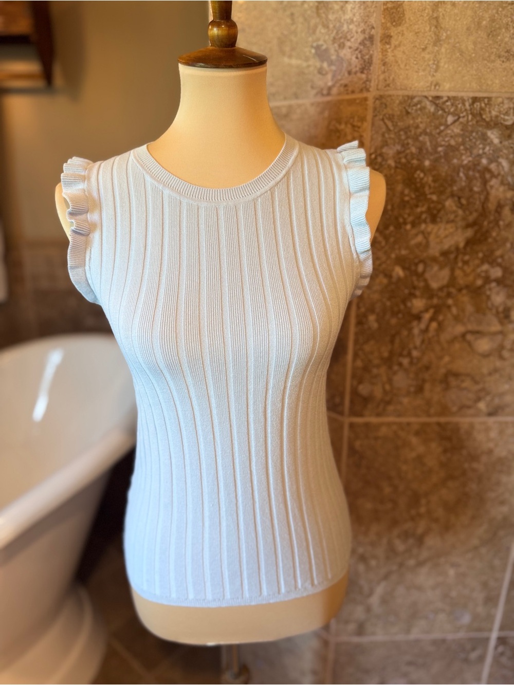 Ann Taylor light blue Ribbed Sleeveless Tank with Ruffle Trim size small